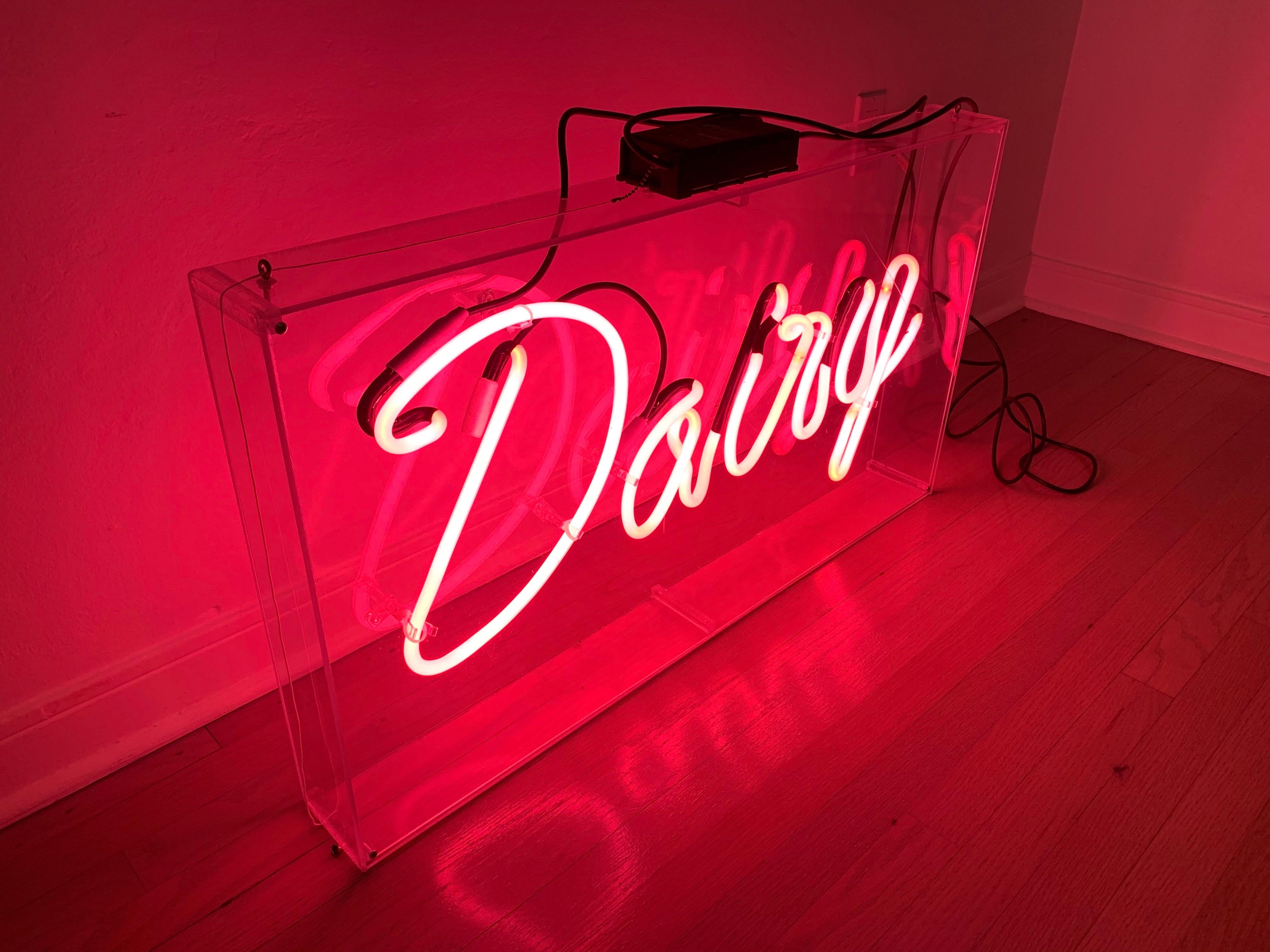 Vintage Pink Neon Dairy Sign in Hanging Lucite Box For Sale 5