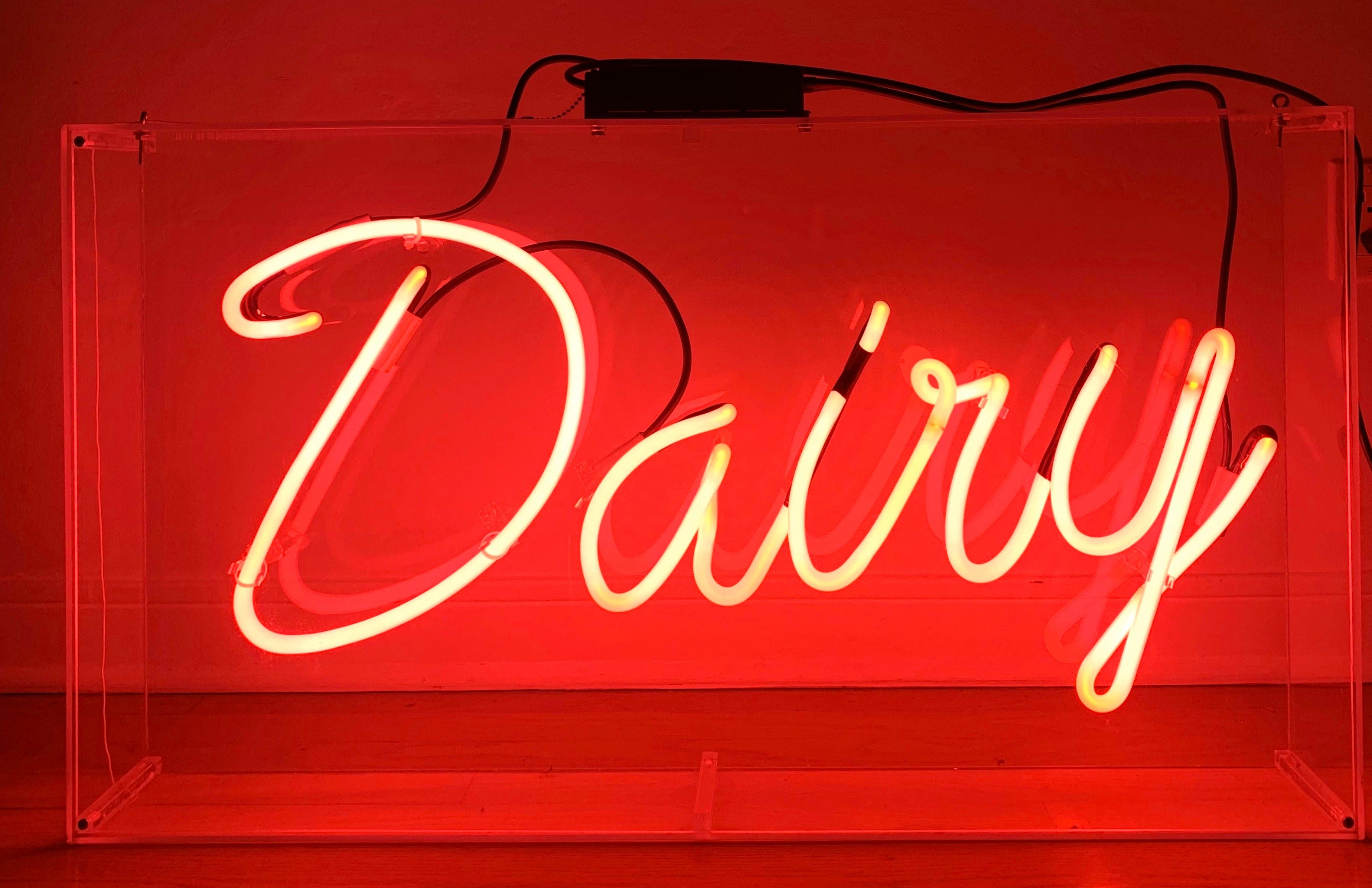 American Vintage Pink Neon Dairy Sign in Hanging Lucite Box For Sale