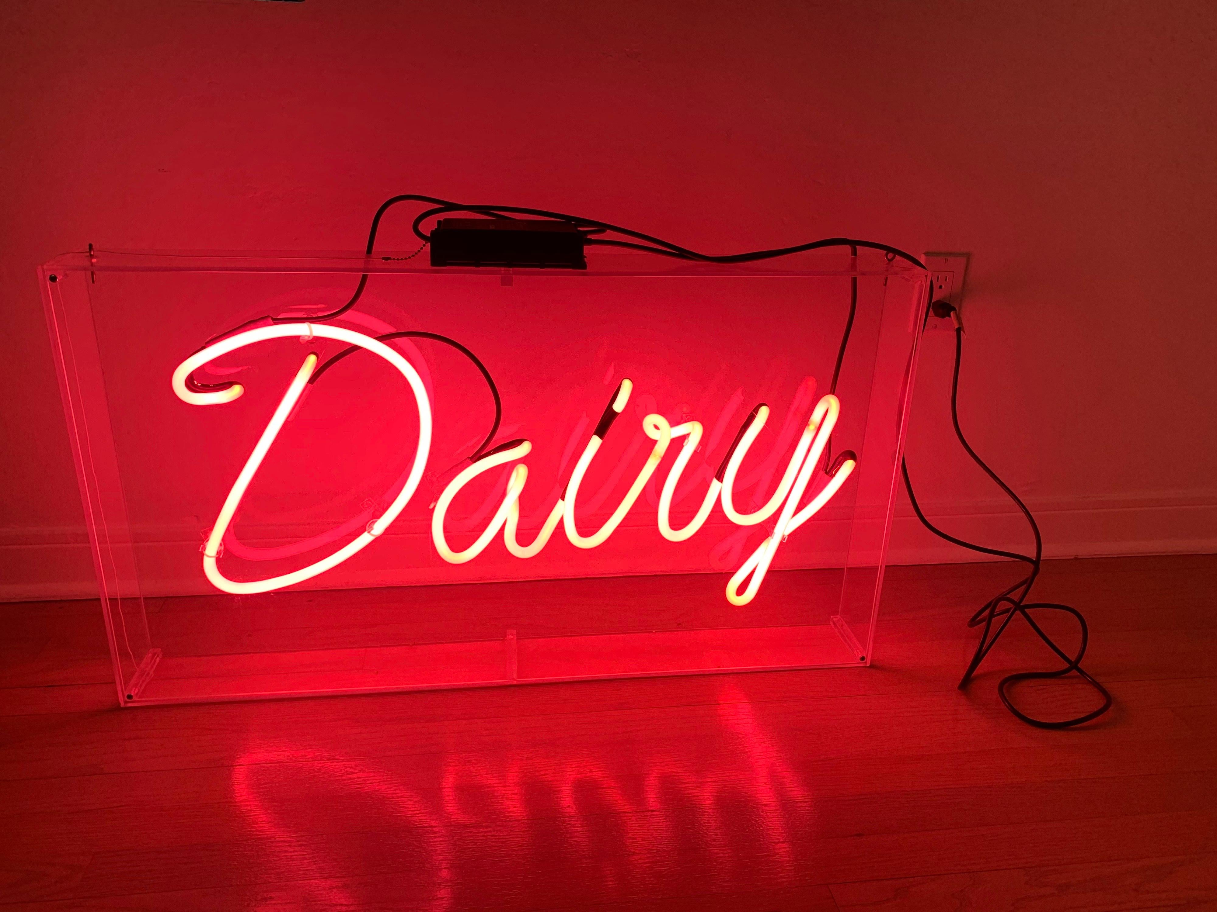 Vintage Pink Neon Dairy Sign in Hanging Lucite Box In Good Condition For Sale In East Hampton, NY