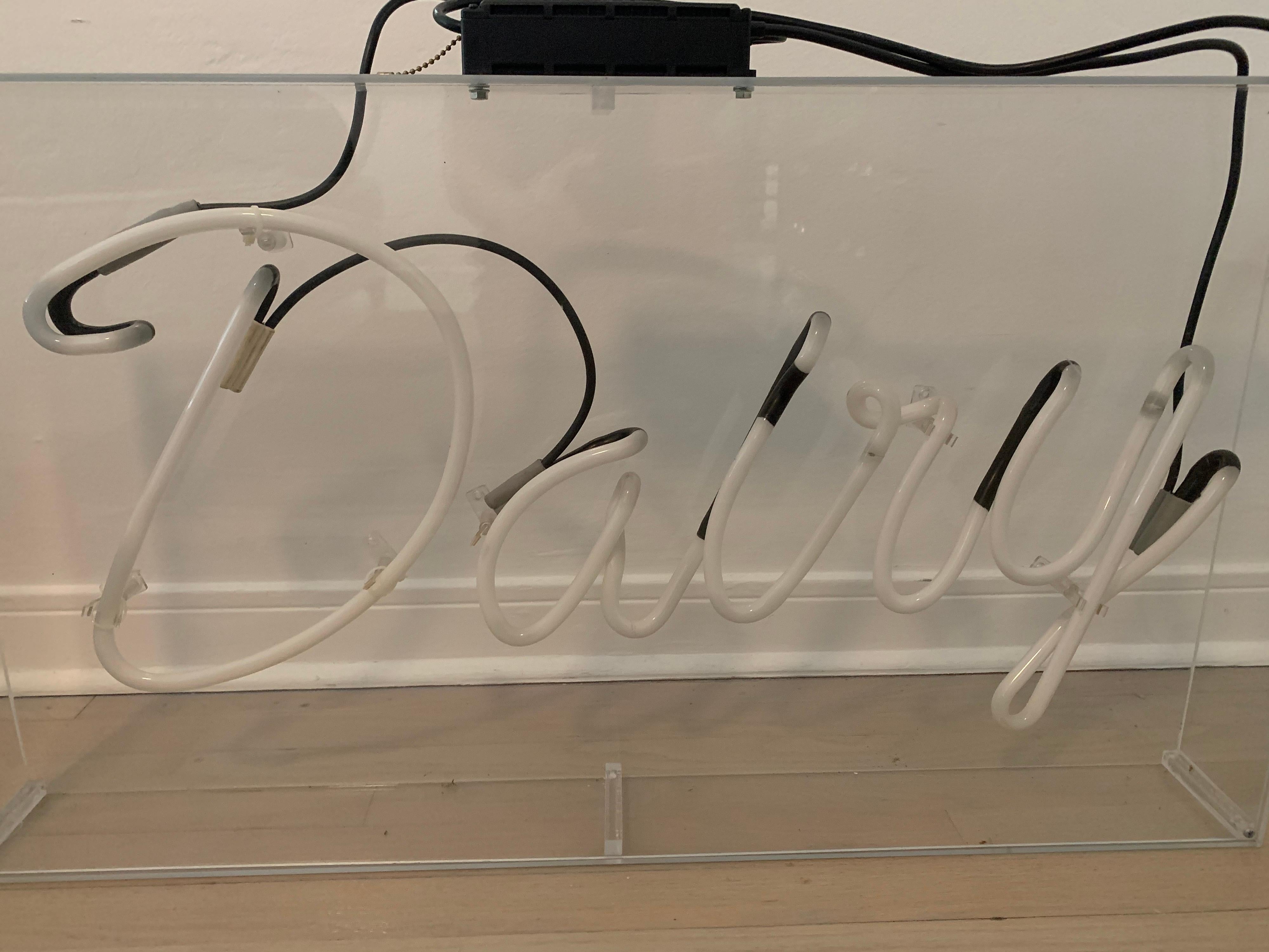 Acrylic Vintage Pink Neon Dairy Sign in Hanging Lucite Box For Sale