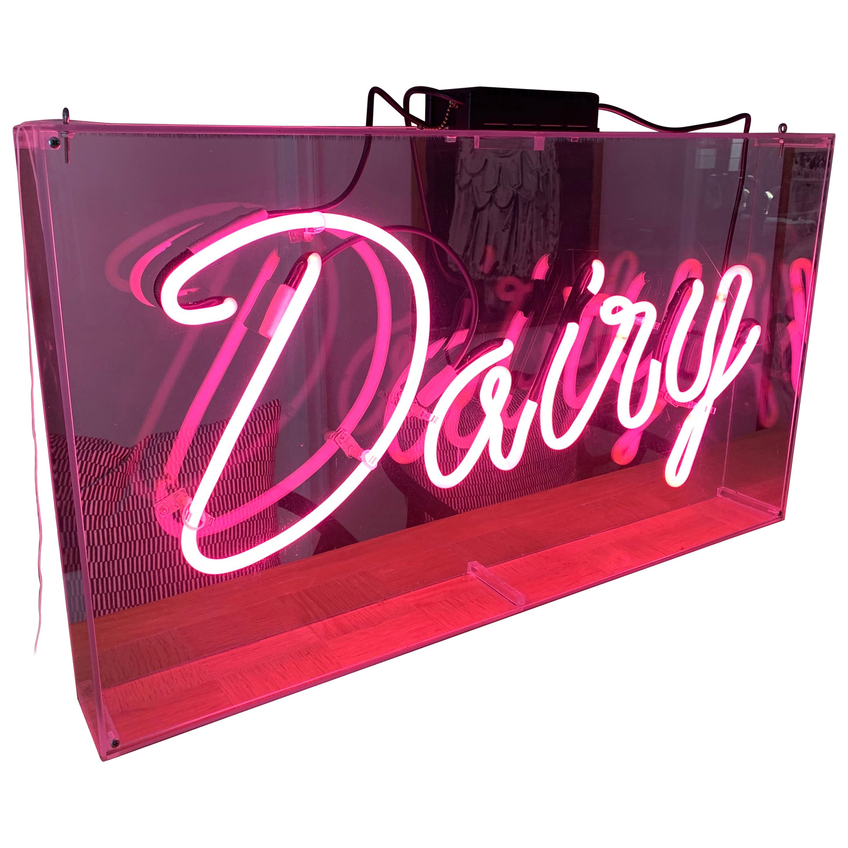 Vintage Pink Neon Dairy Sign in Hanging Lucite Box