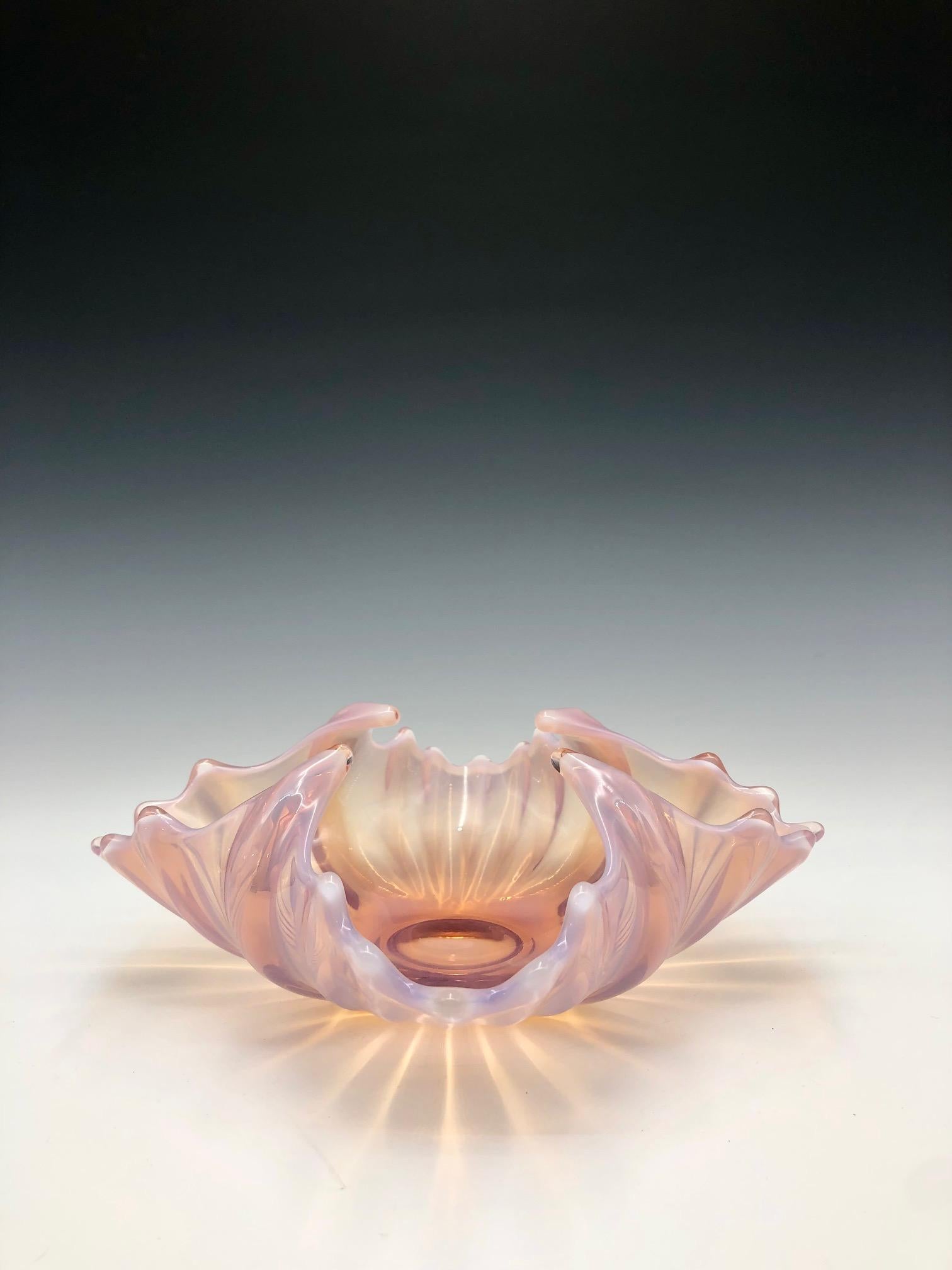 Elegant vintage 1950s pale pink opalescent Heirloom square ribbed candy dish bowl with curved corners by Fostoria Glass Company.   

Size: 3
