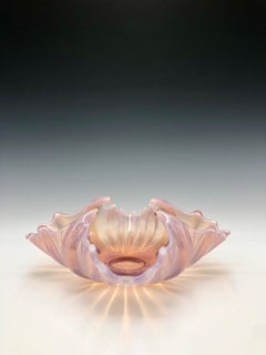 Vintage Pink Opalescent Ribbed Fostoria Glass Dish Bowl with Ruffle Edges