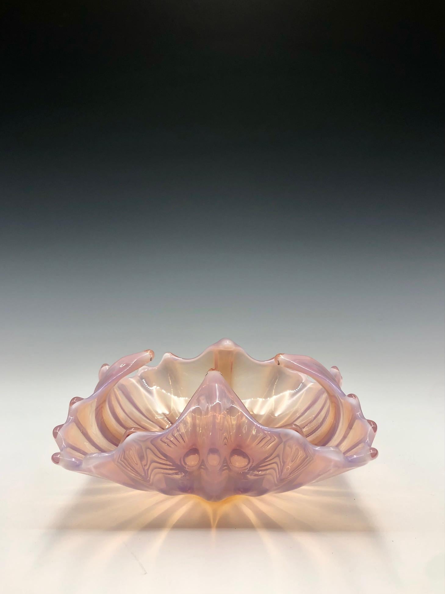 Modern Vintage Pink Opalescent Ribbed Fostoria Glass Dish Bowl with Ruffle Edges