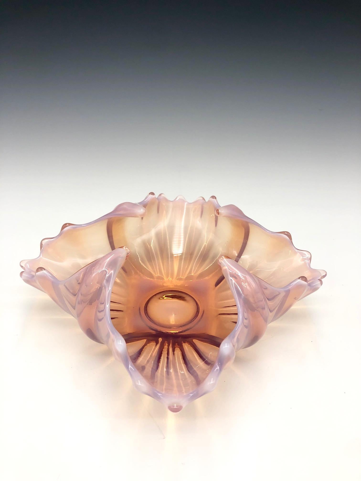 Mid-20th Century Vintage Pink Opalescent Ribbed Fostoria Glass Dish Bowl with Ruffle Edges
