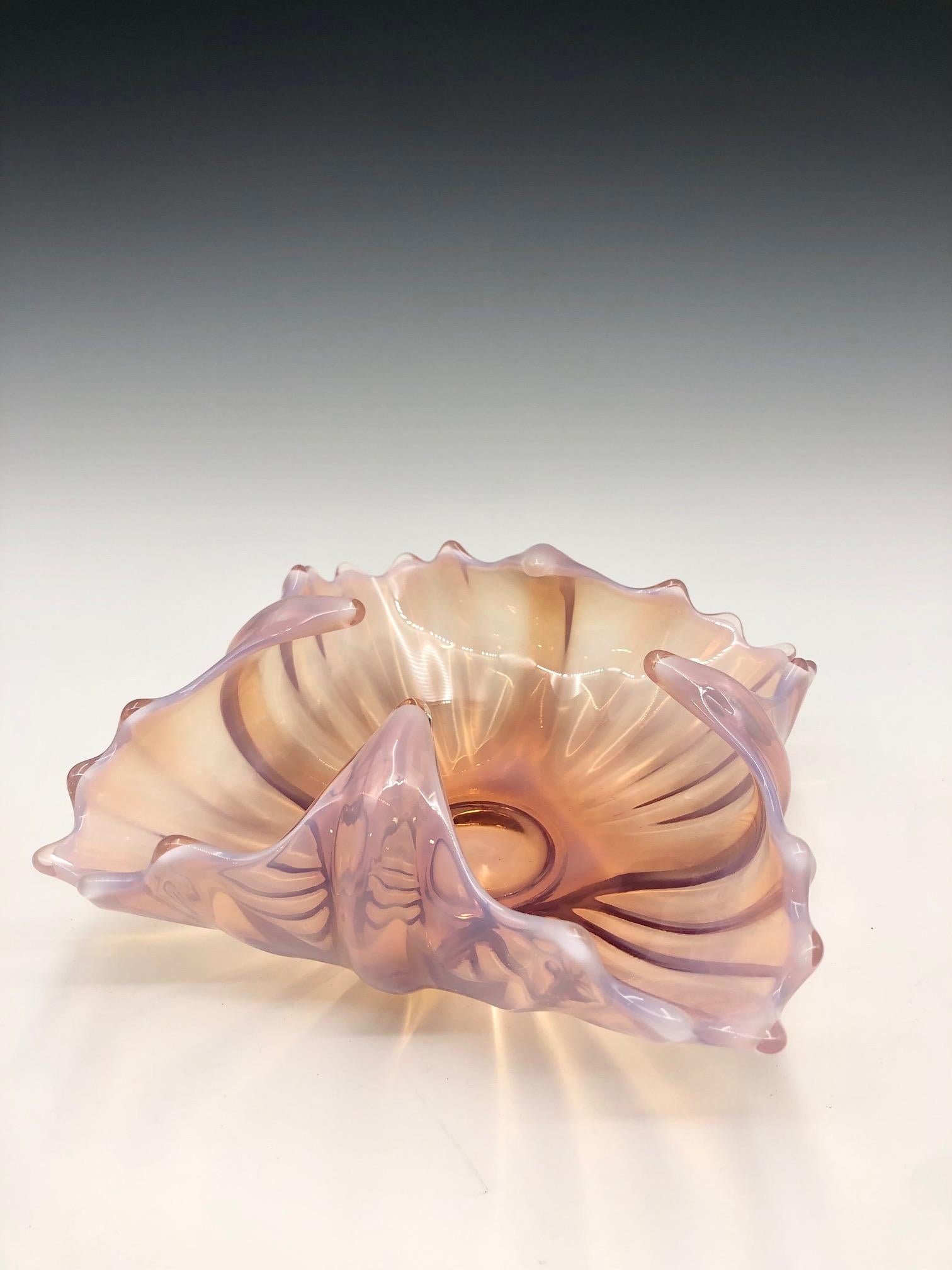 Vintage Pink Opalescent Ribbed Fostoria Glass Dish Bowl with Ruffle Edges 1