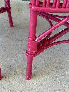 Vintage Pink Painted Stick Rattan Side Chairs With Upholstered Seats – Pair