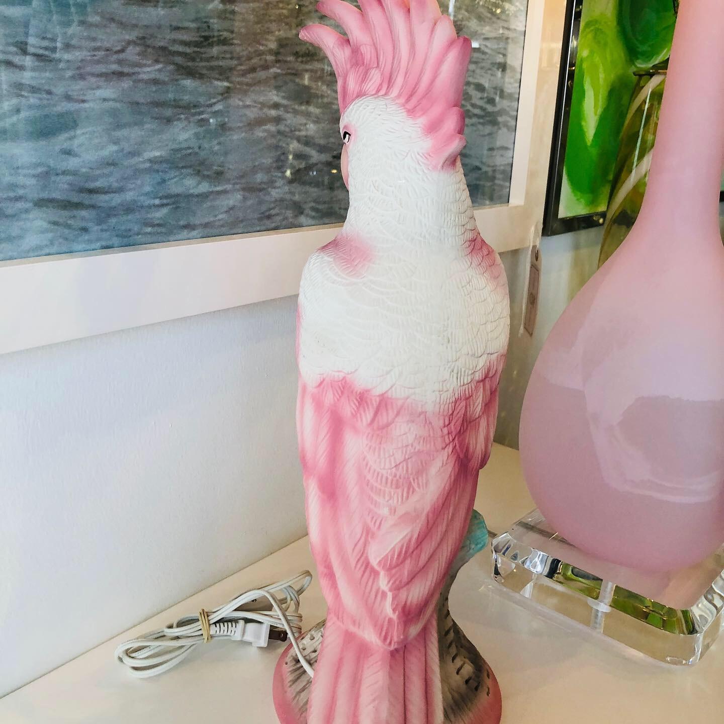 Vintage Pink Parrot Cockatoo Bird Tropical Palm Beach Table Lamp Nightlight  1