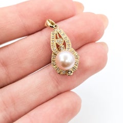 Vintage Pink Pearl & Diamond Drop Pendant in 14k Yellow Gold