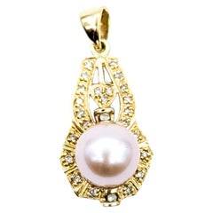 Vintage Pink Pearl & Diamond Drop Pendant in 14k Yellow Gold