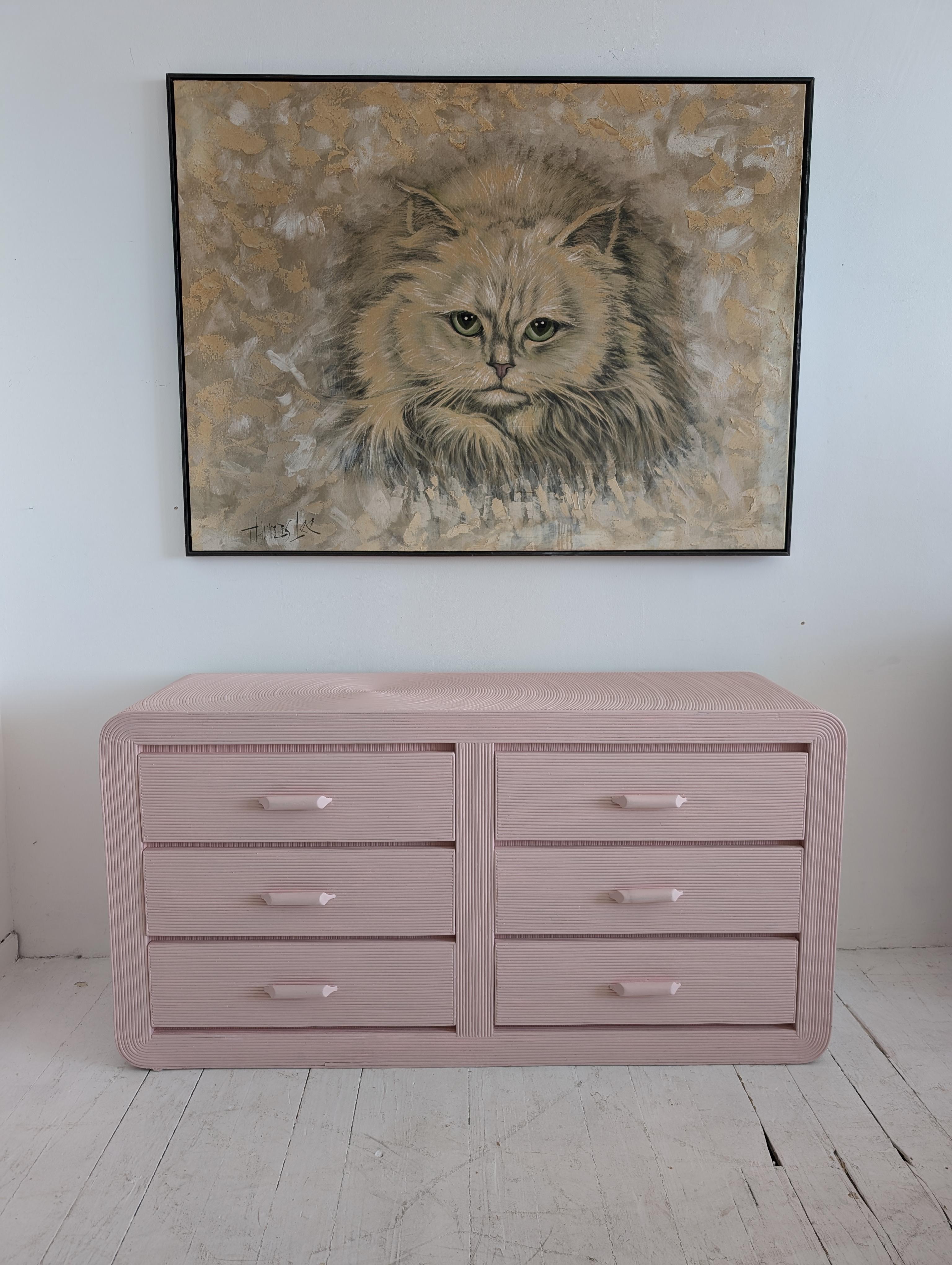 Vintage-Kommode/Sideboard aus rosa Bleistift mit Schilfrohrgeflecht und Schubladen, USA 1970er Jahre (20. Jahrhundert) im Angebot