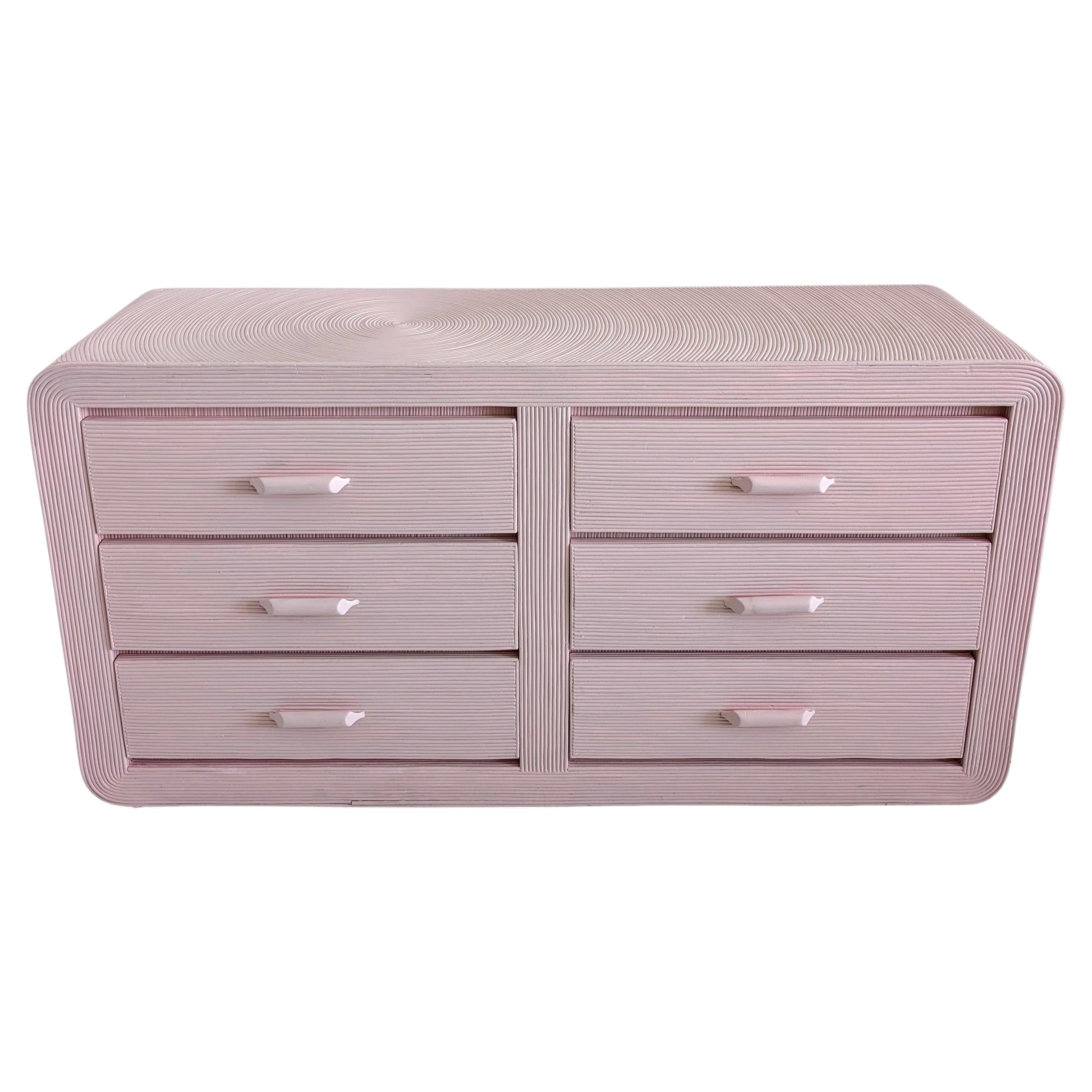 Vintage pink pencil reed cane dresser / sideboard with drawers, USA 1970s