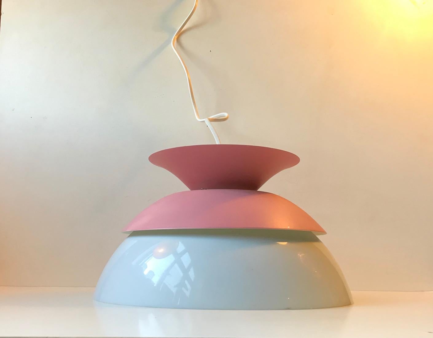 Pink powder coated aluminium ceiling light with acrylic bottom shade/diffuser. Manufactured in Denmark by Nordisk Solar Compagni the 1980s in a style celebrating Jorn Utzon.