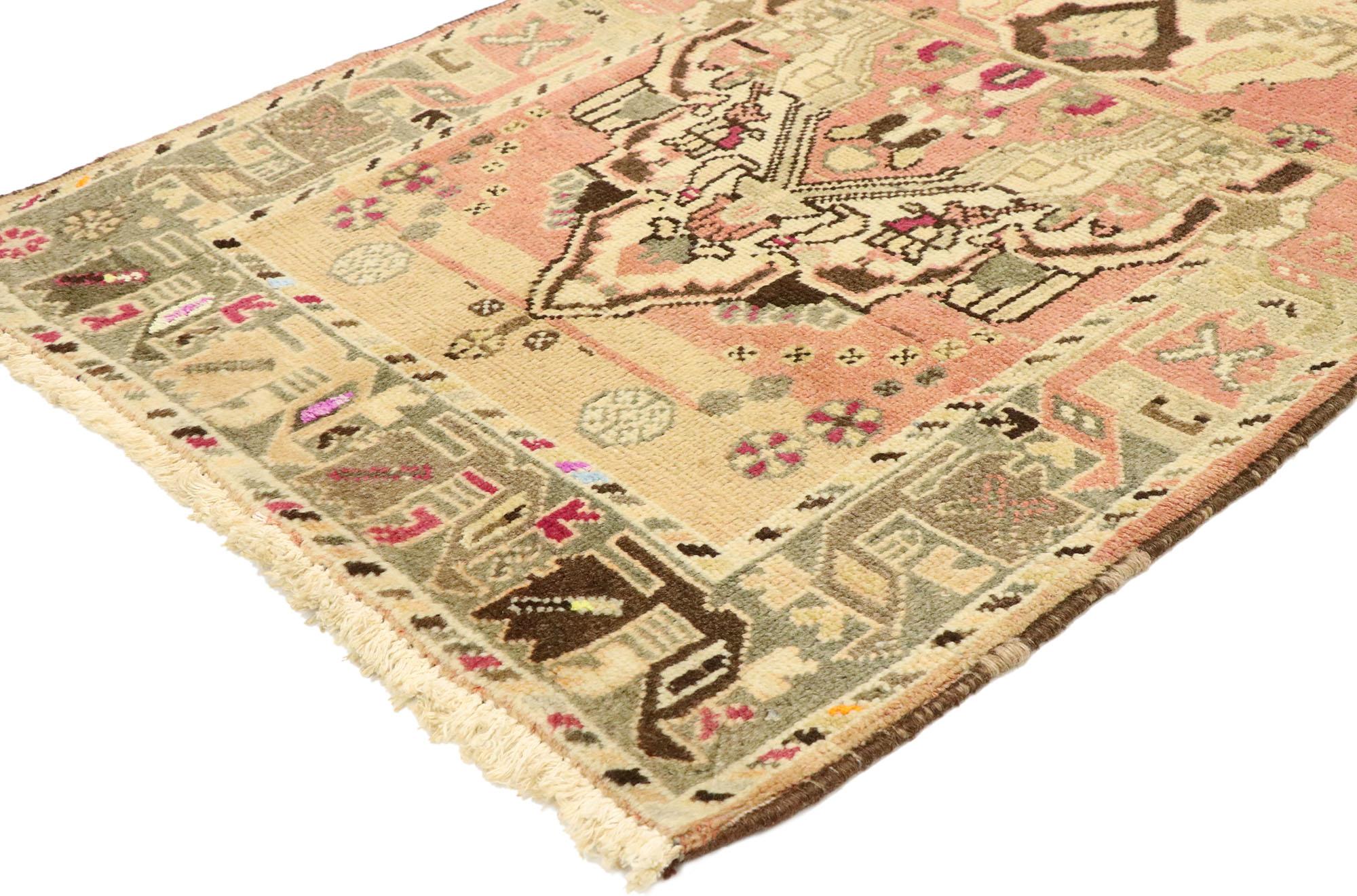 75751 Vintage Persian Bakhtiari Rug, 02'07 x 04'01.
Wabi-Sabi intertwines with Nomadic Boho Chic in this hand-knotted wool vintage Persian Bakhtiari rug. The composition unfolds in two compartments, each featuring a partial medallion adorned with