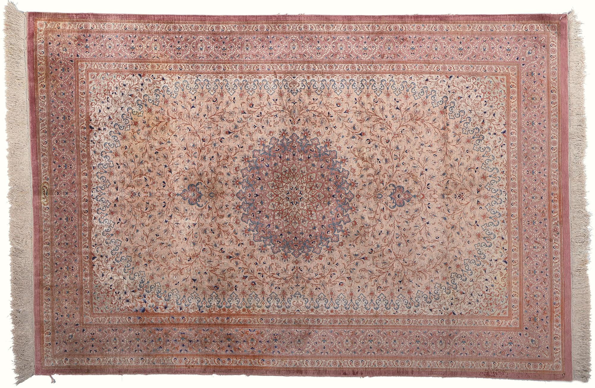 Vintage Pink Persian Fine Silk Qom Carpet For Sale 4