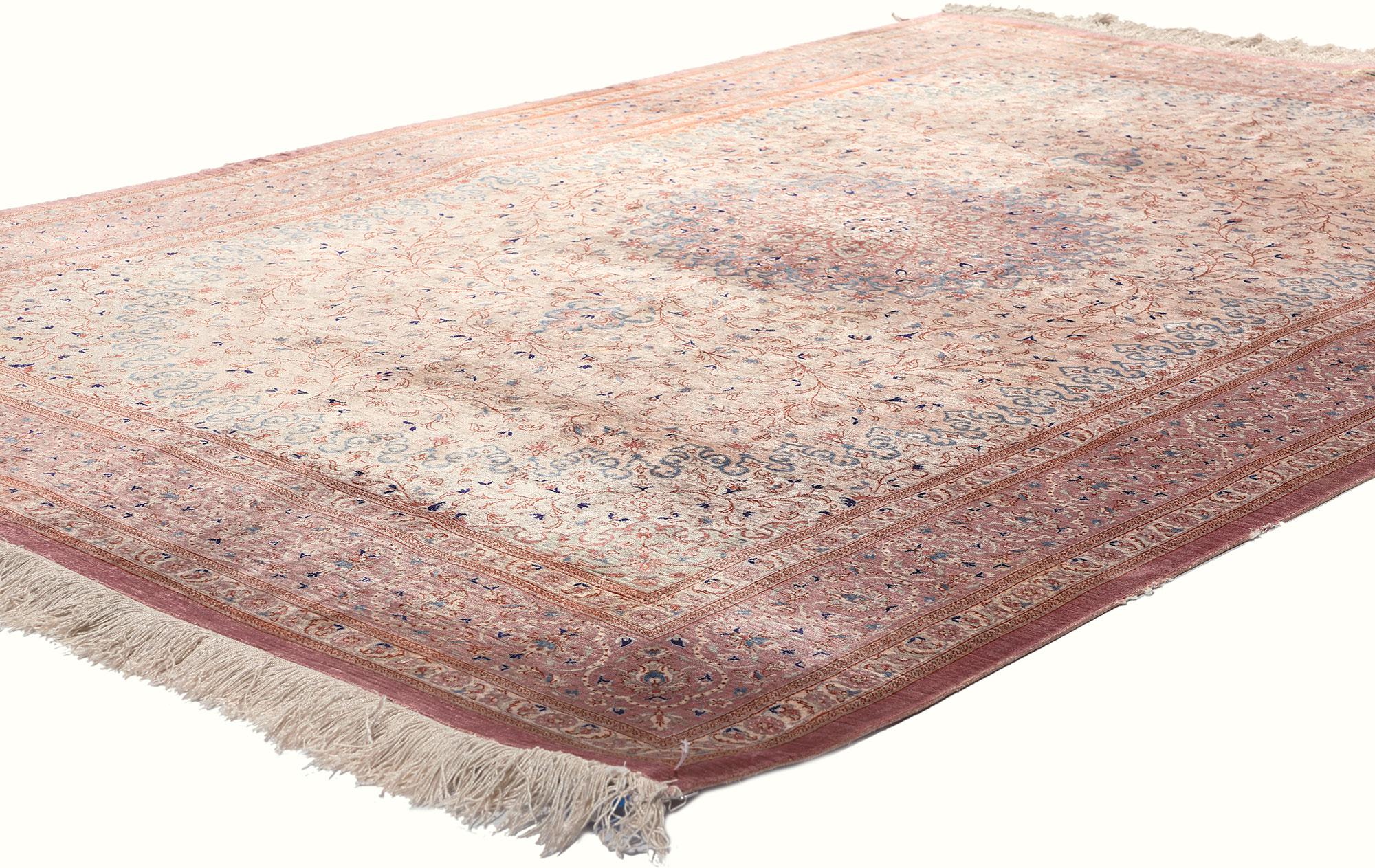 78681 Vintage Persian Silk Qum Rug, 04'03 x 06'04. In the realm of regal enchantment and sensuous richness, behold the resplendent allure of this fine hand-knotted silk vintage Persian Qum rug. Woven with meticulous artistry, the elaborate floral
