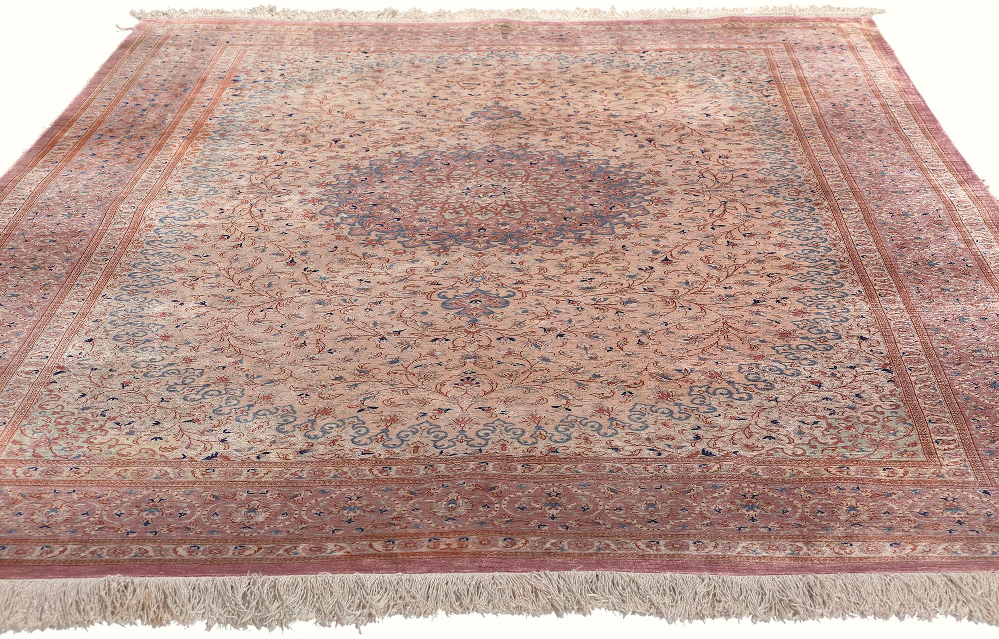Tabriz Vintage Pink Persian Fine Silk Qom Carpet For Sale