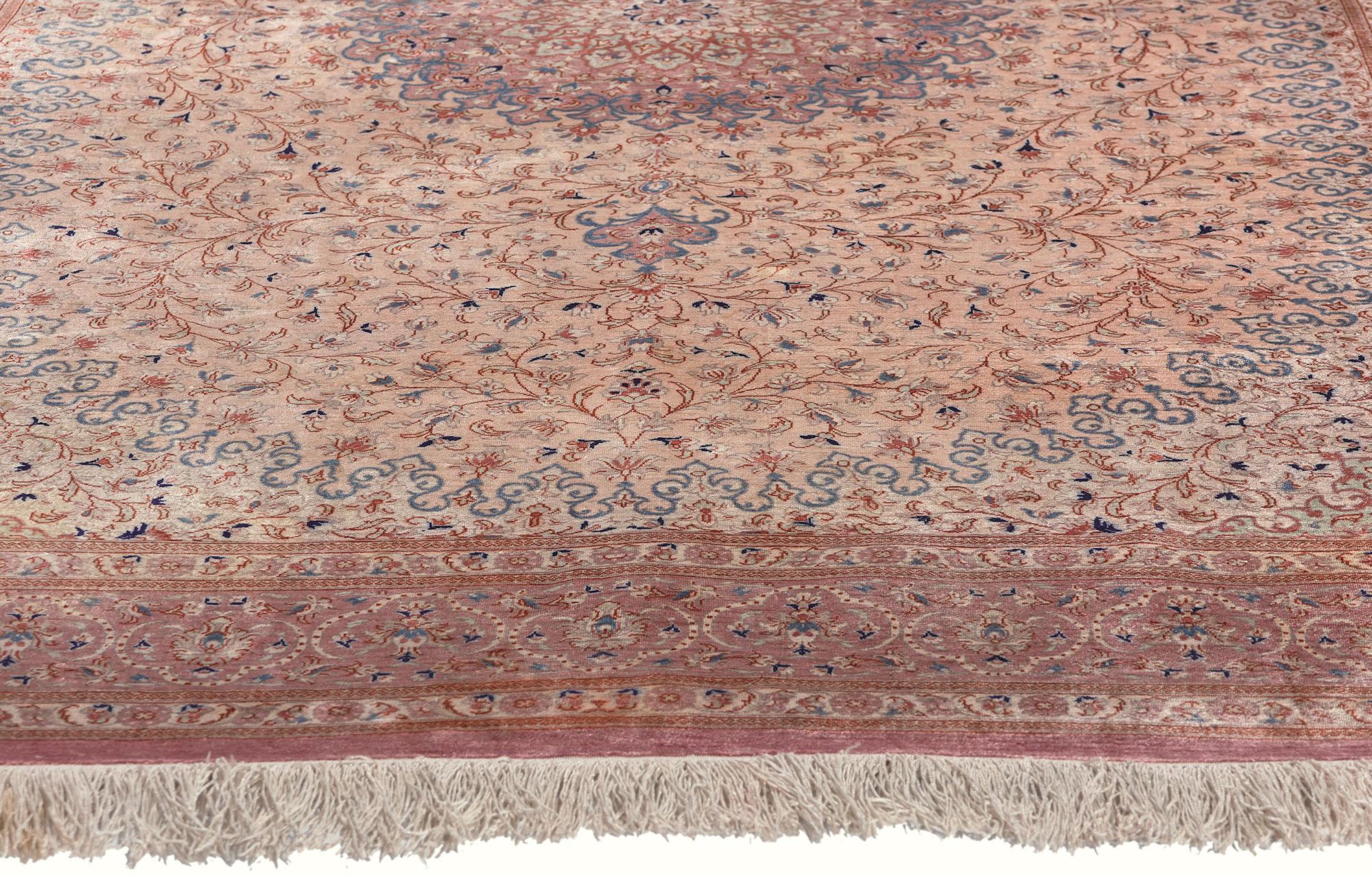 Hand-Knotted Vintage Pink Persian Fine Silk Qom Carpet For Sale