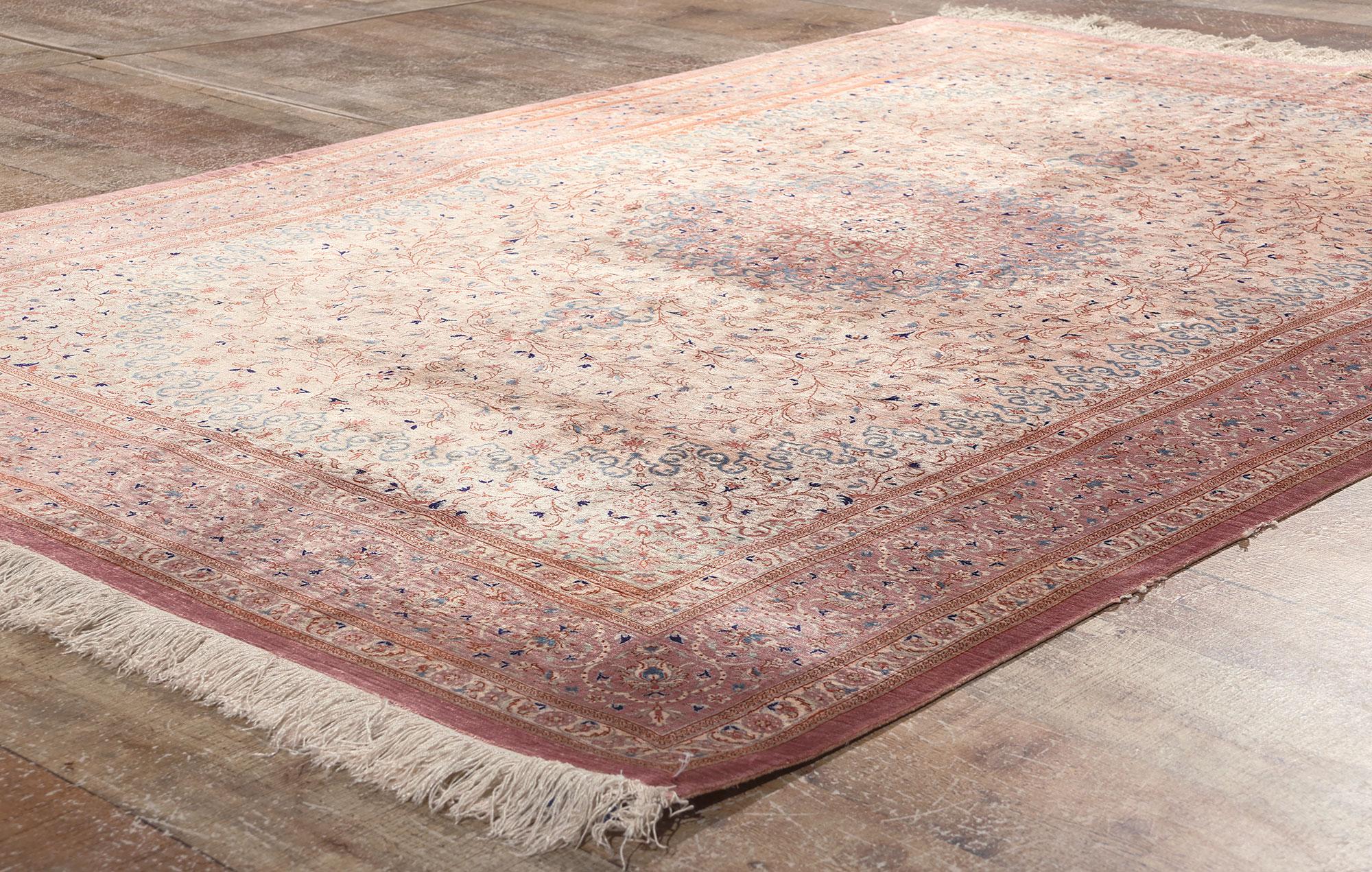 Vintage Pink Persian Fine Silk Qom Carpet For Sale 1