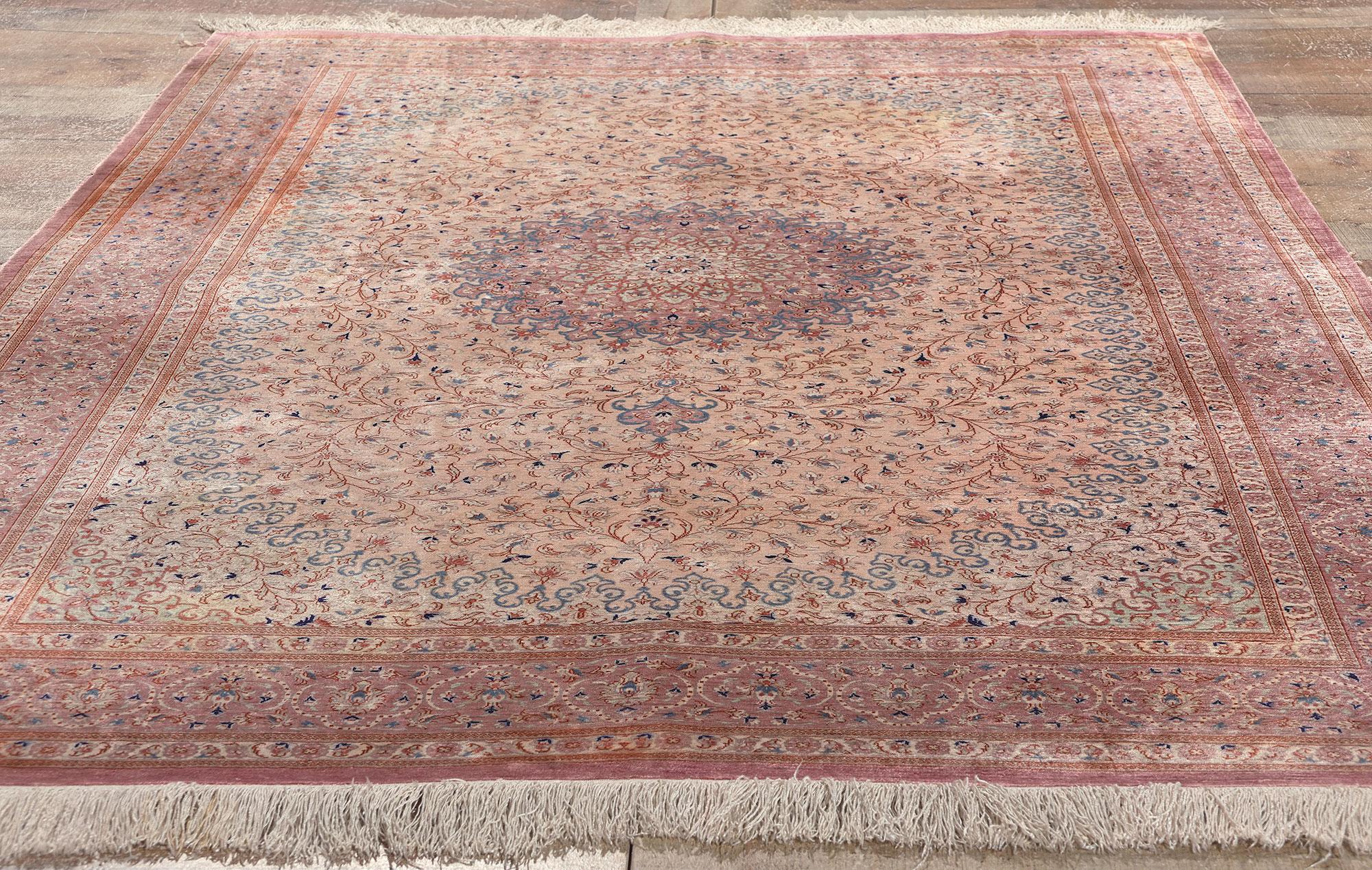 Vintage Pink Persian Fine Silk Qom Carpet For Sale 2