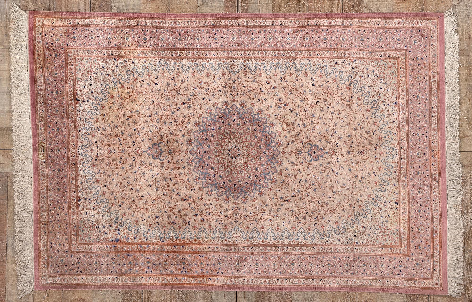 Vintage Pink Persian Fine Silk Qom Carpet For Sale 3
