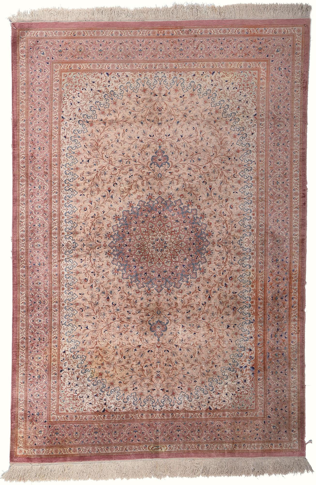 Vintage Pink Persian Fine Silk Qom Carpet For Sale