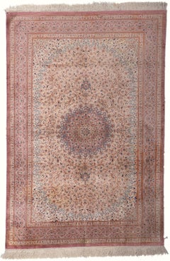 Vintage Pink Persian Fine Silk Qom Carpet