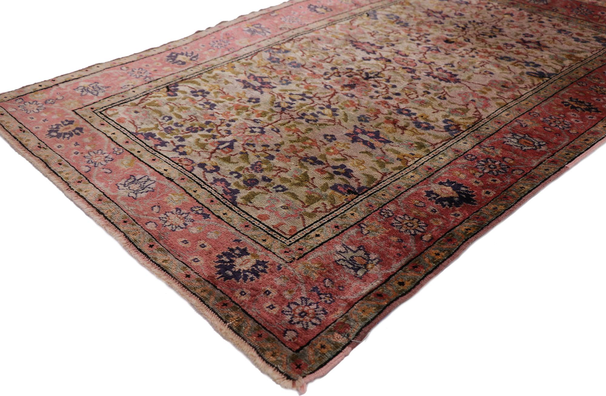 78120 Vintage Pink Persian Souf Silk Kashan Rug, 02'10 x 04'05. A vintage Persian Souf Kashan rug is a luxurious type of Persian carpet from Kashan, Iran, known for its intricate designs and the use of a raised silk pile to create a