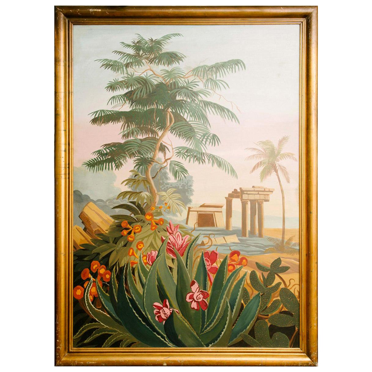 Vintage Pink Red Floral El Dorado Mural Scene Painting