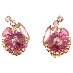 Vintage Pink Rivoli Crystal Flower Earrings 1950s