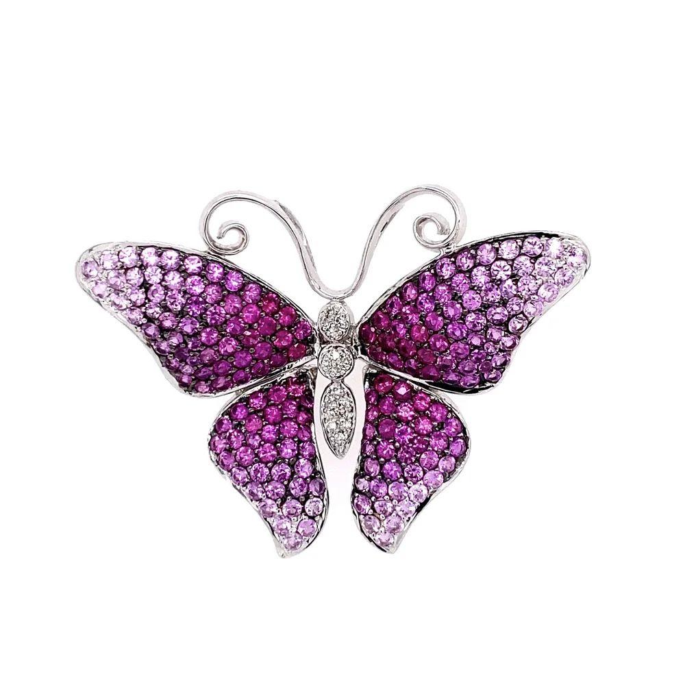 Round Cut Vintage Pink Sapphire and Diamond Butterfly Brooch Pin For Sale
