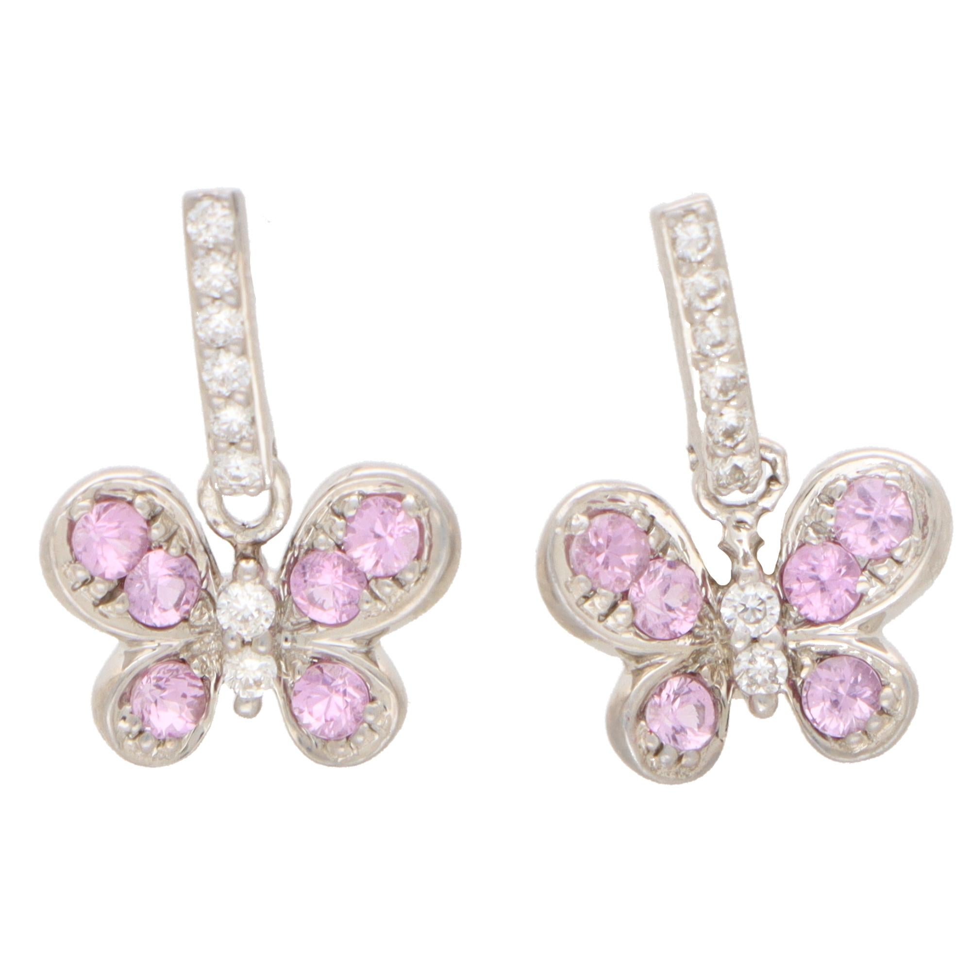 Round Cut Vintage Pink Sapphire and Diamond Butterfly Earrings in 18k White Gold For Sale