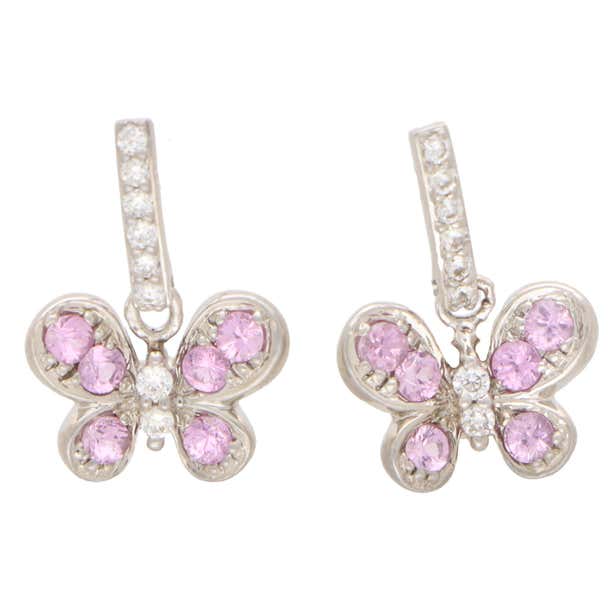 Vintage Pink Sapphire and Diamond Butterfly Earrings in 18k White Gold ...