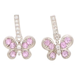 Boucles d'oreilles papillon vintage en or blanc 18 carats, saphir rose et diamants