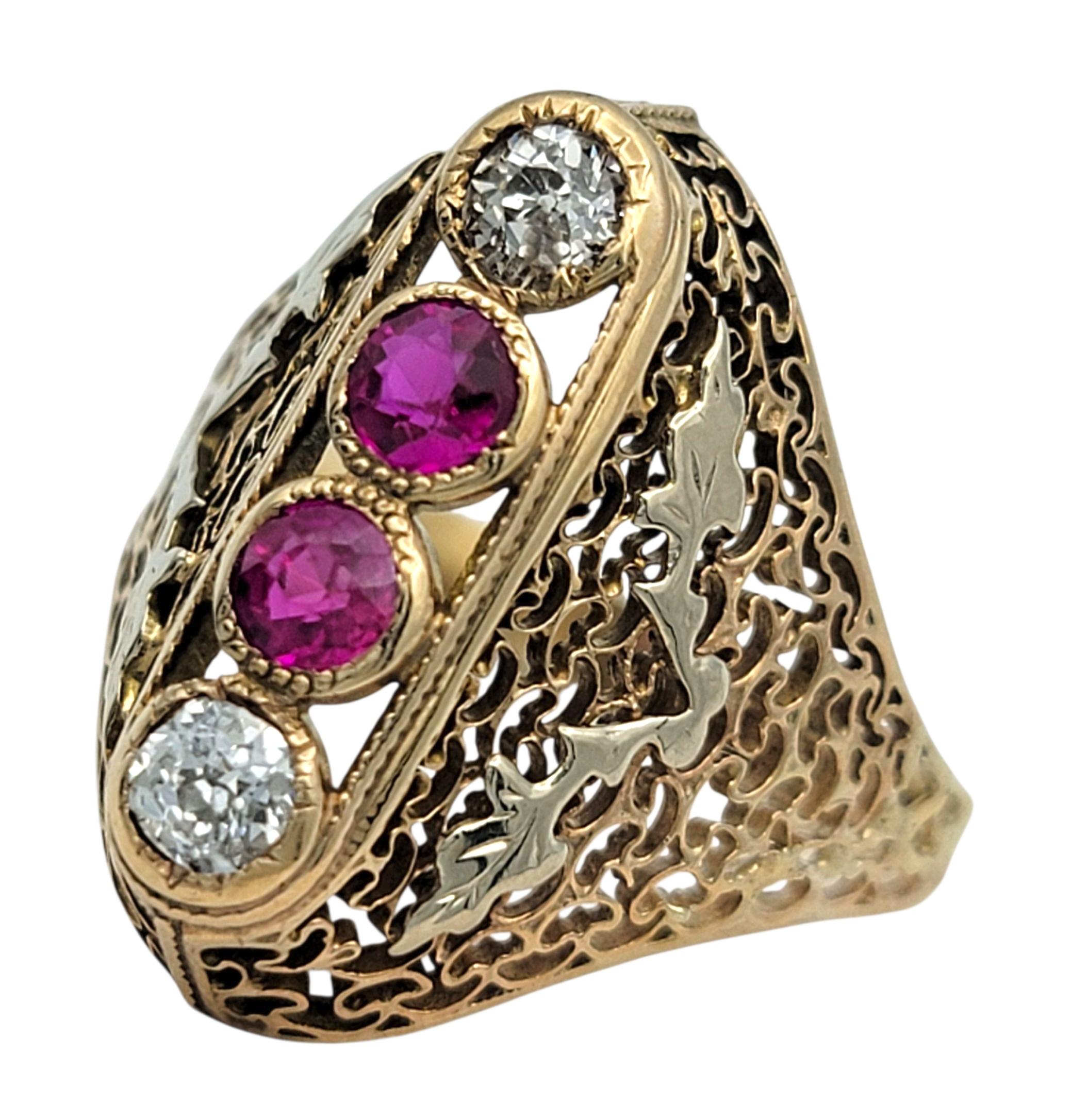 Anillo Navette Vintage de Zafiro Rosa y Diamante con Filigrana en Oro Amarillo de 14 Kilates Contemporáneo en venta