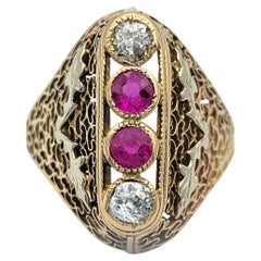 Vintage Pink Sapphire and Diamond Filigree Navette Ring in 14 Karat Yellow Gold