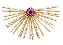 Vintage Pink Sapphire and Diamond Sputnik Style Brooch in 14 Karat Yellow Gold