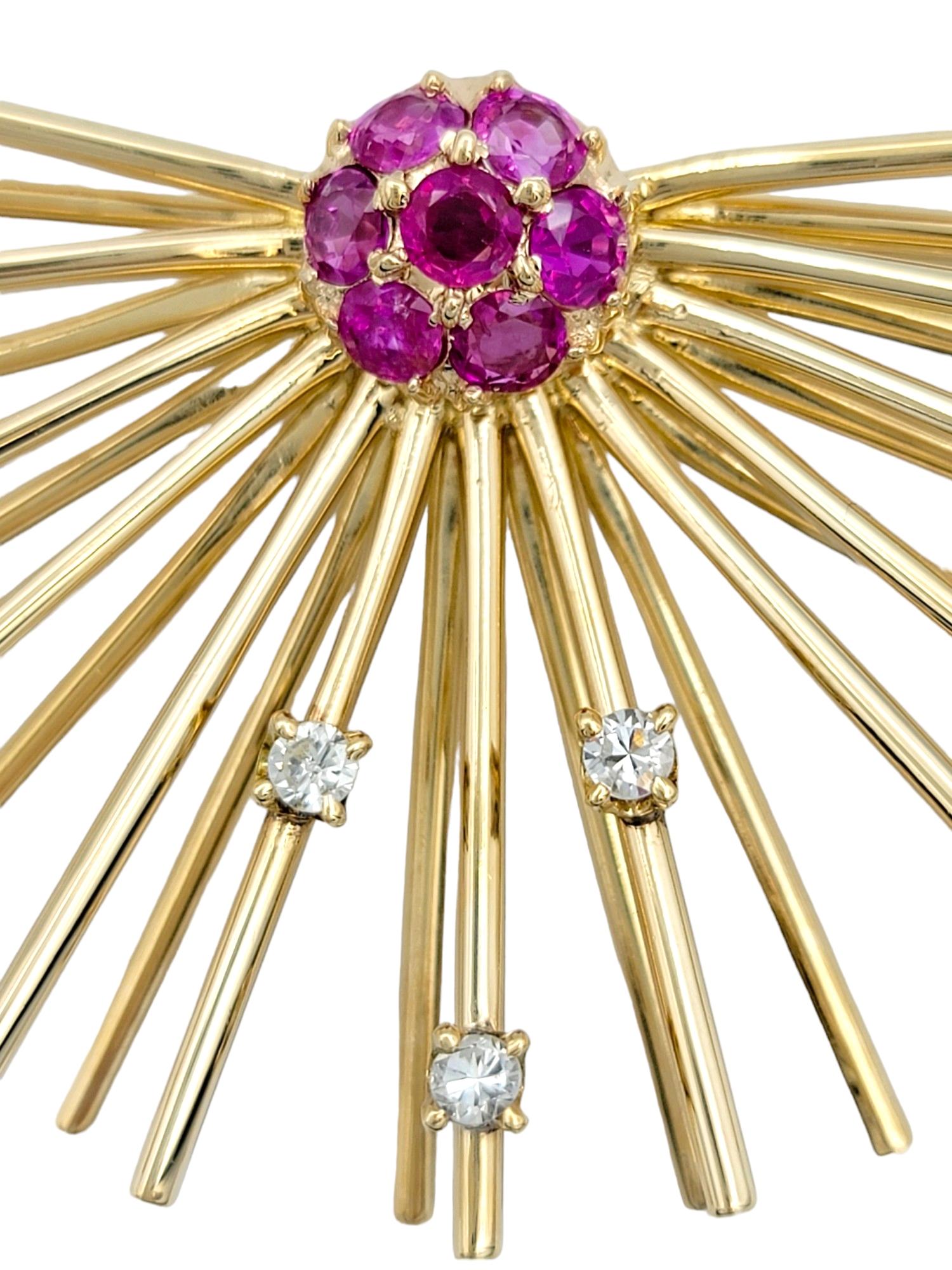 Contemporary Vintage Pink Sapphire and Diamond Sputnik Style Brooch in 14 Karat Yellow Gold For Sale