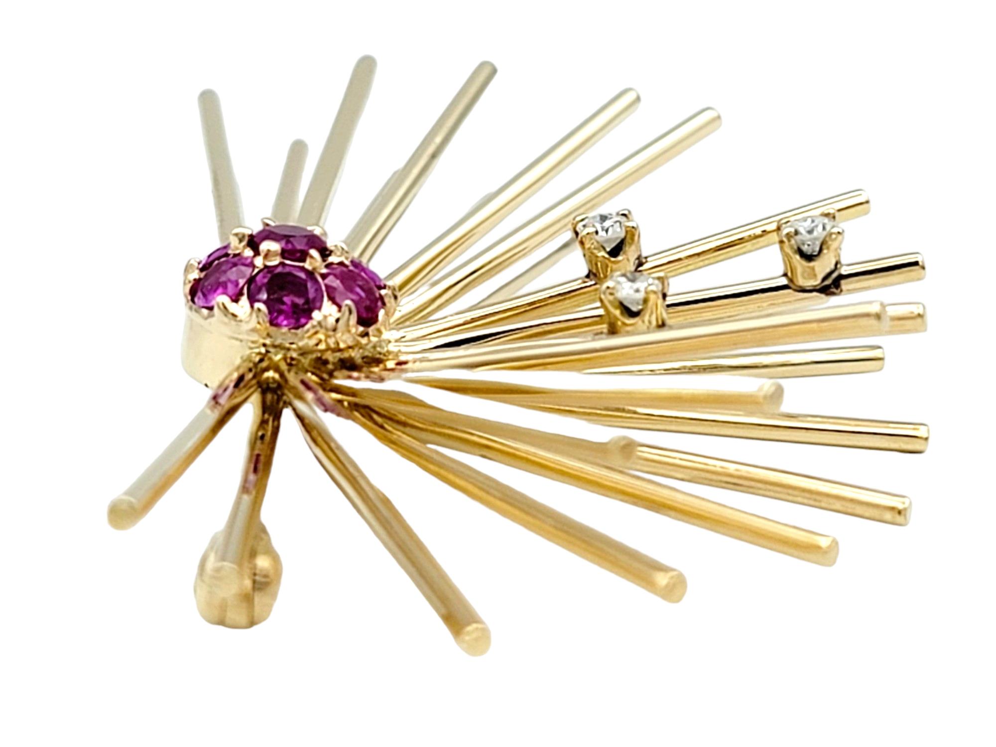 Round Cut Vintage Pink Sapphire and Diamond Sputnik Style Brooch in 14 Karat Yellow Gold For Sale