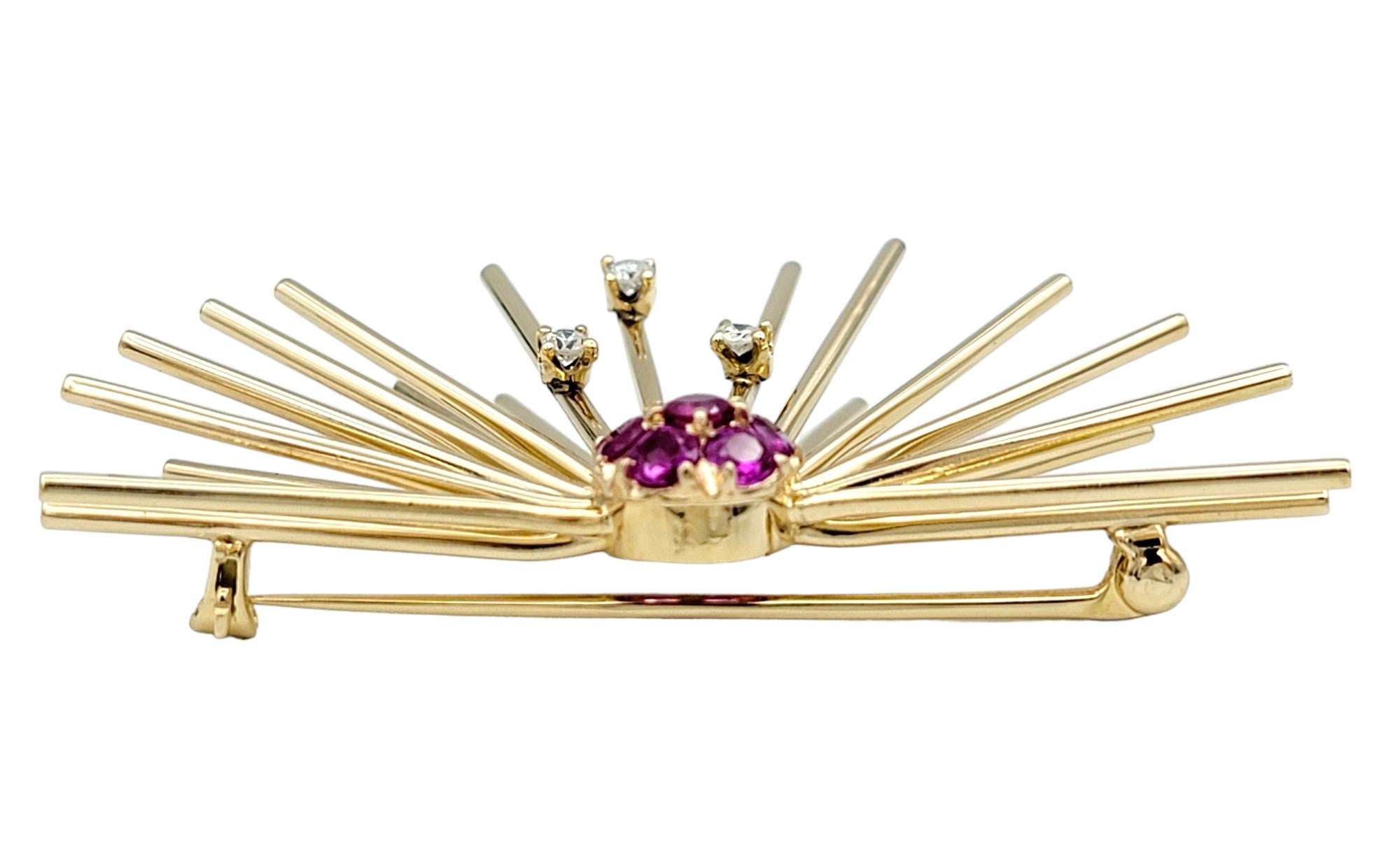 Vintage Pink Sapphire and Diamond Sputnik Style Brooch in 14 Karat Yellow Gold In Good Condition For Sale In Scottsdale, AZ