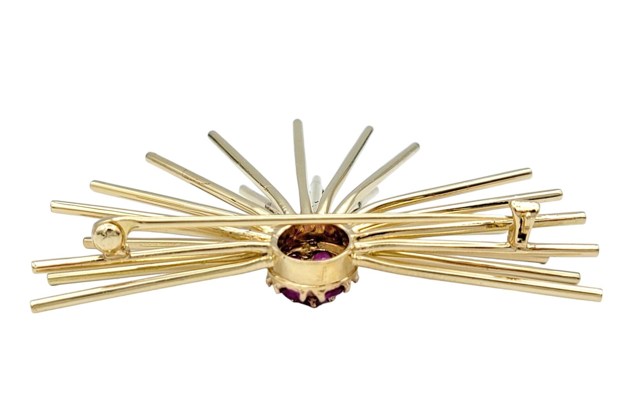 Women's Vintage Pink Sapphire and Diamond Sputnik Style Brooch in 14 Karat Yellow Gold For Sale