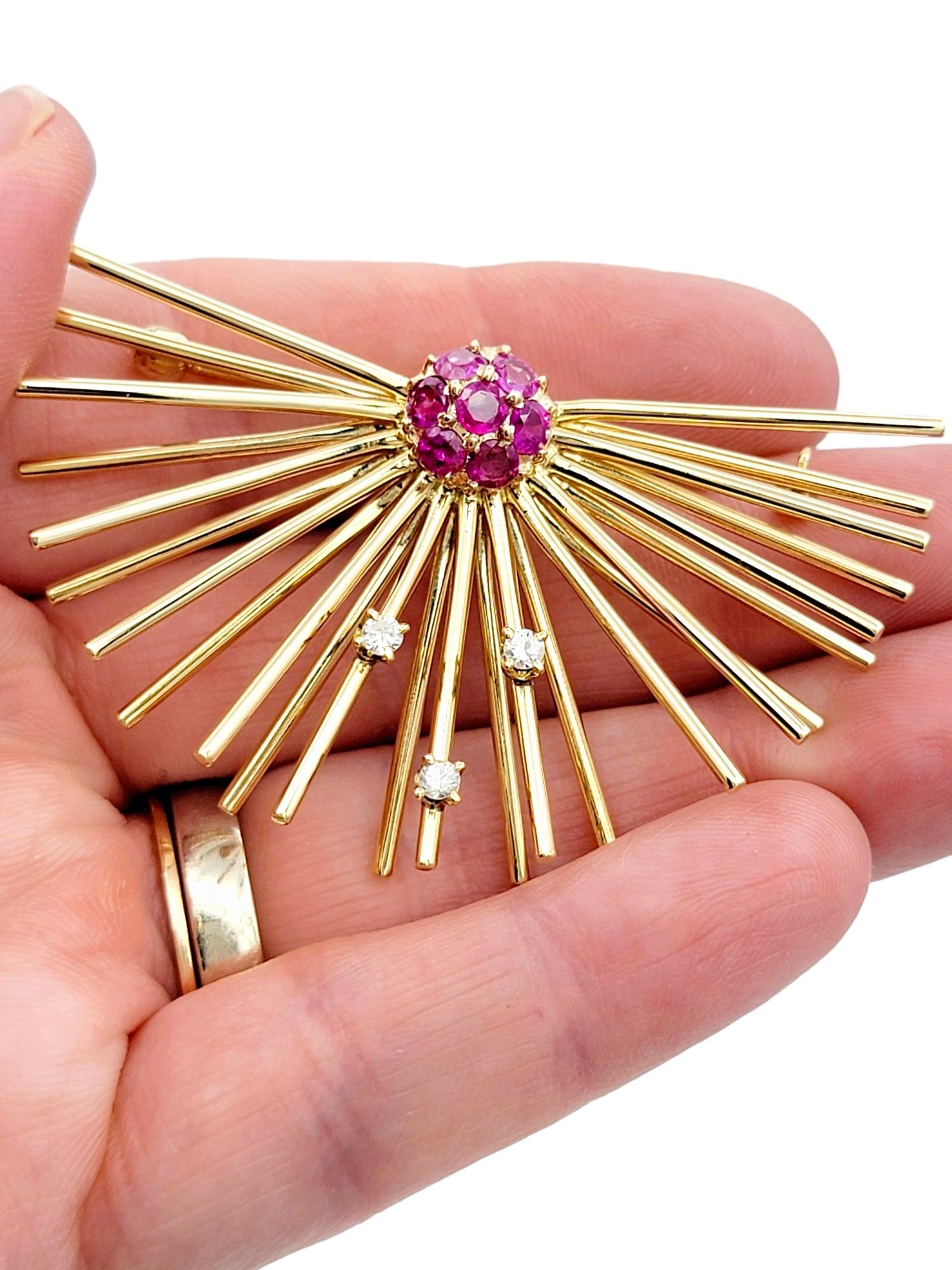 Vintage Pink Sapphire and Diamond Sputnik Style Brooch in 14 Karat Yellow Gold For Sale 3