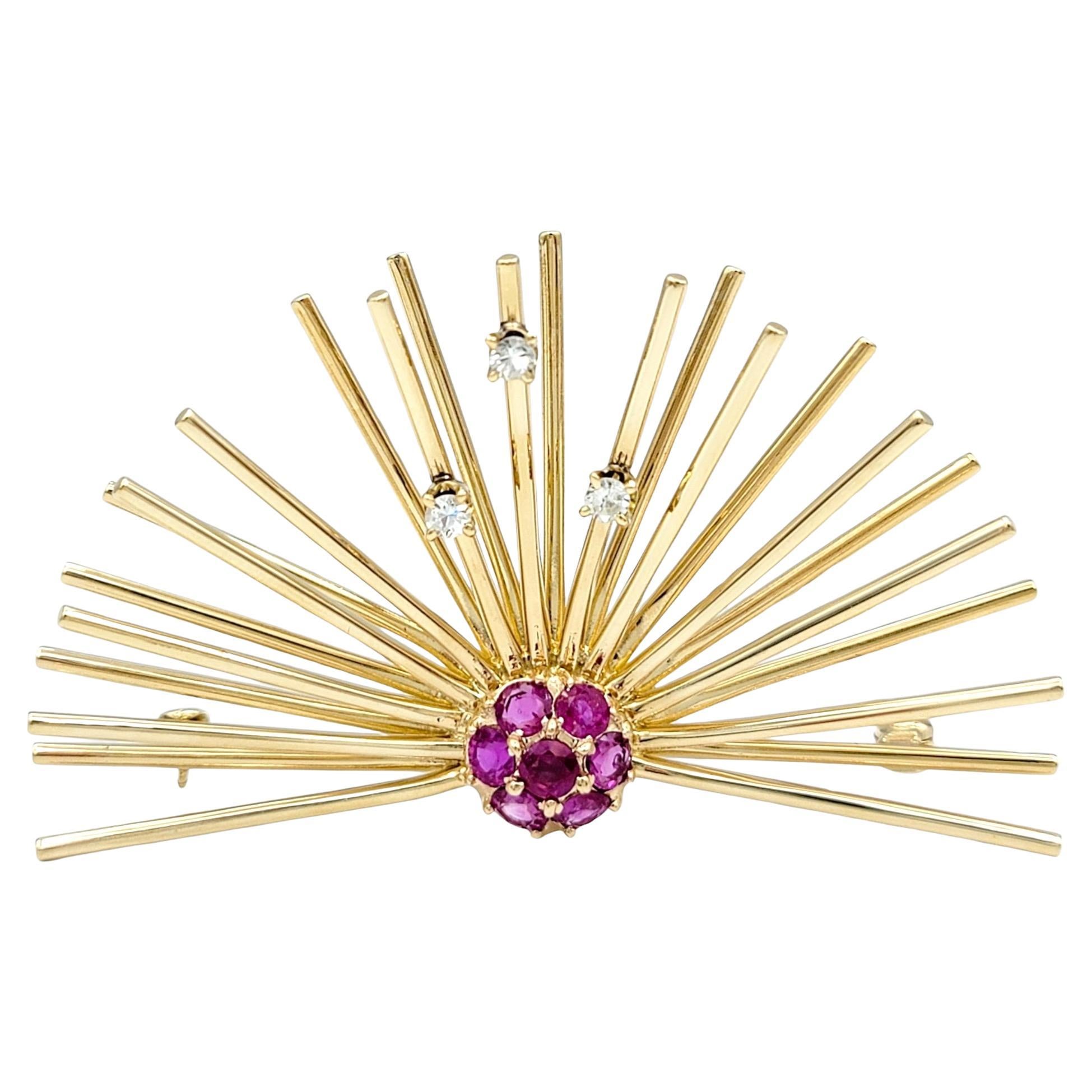 Vintage Pink Sapphire and Diamond Sputnik Style Brooch in 14 Karat Yellow Gold For Sale