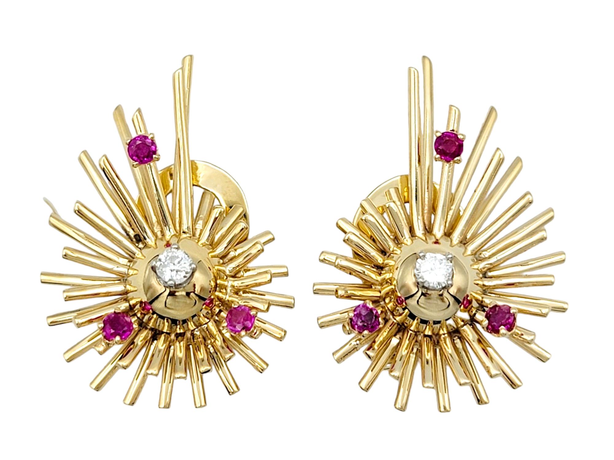  Introducing a stunning pair of vintage Sputnik-style clip-on earrings, exuding timeless elegance in 14k yellow gold. These exquisite earrings capture the essence of the iconic space-age design with spiky details that add a touch of celestial charm.