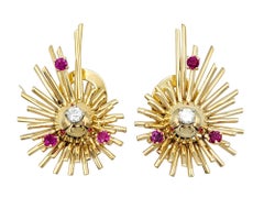 Vintage Pink Sapphire and Diamond Sputnik Style Clip-On Earrings 14K Yellow Gold