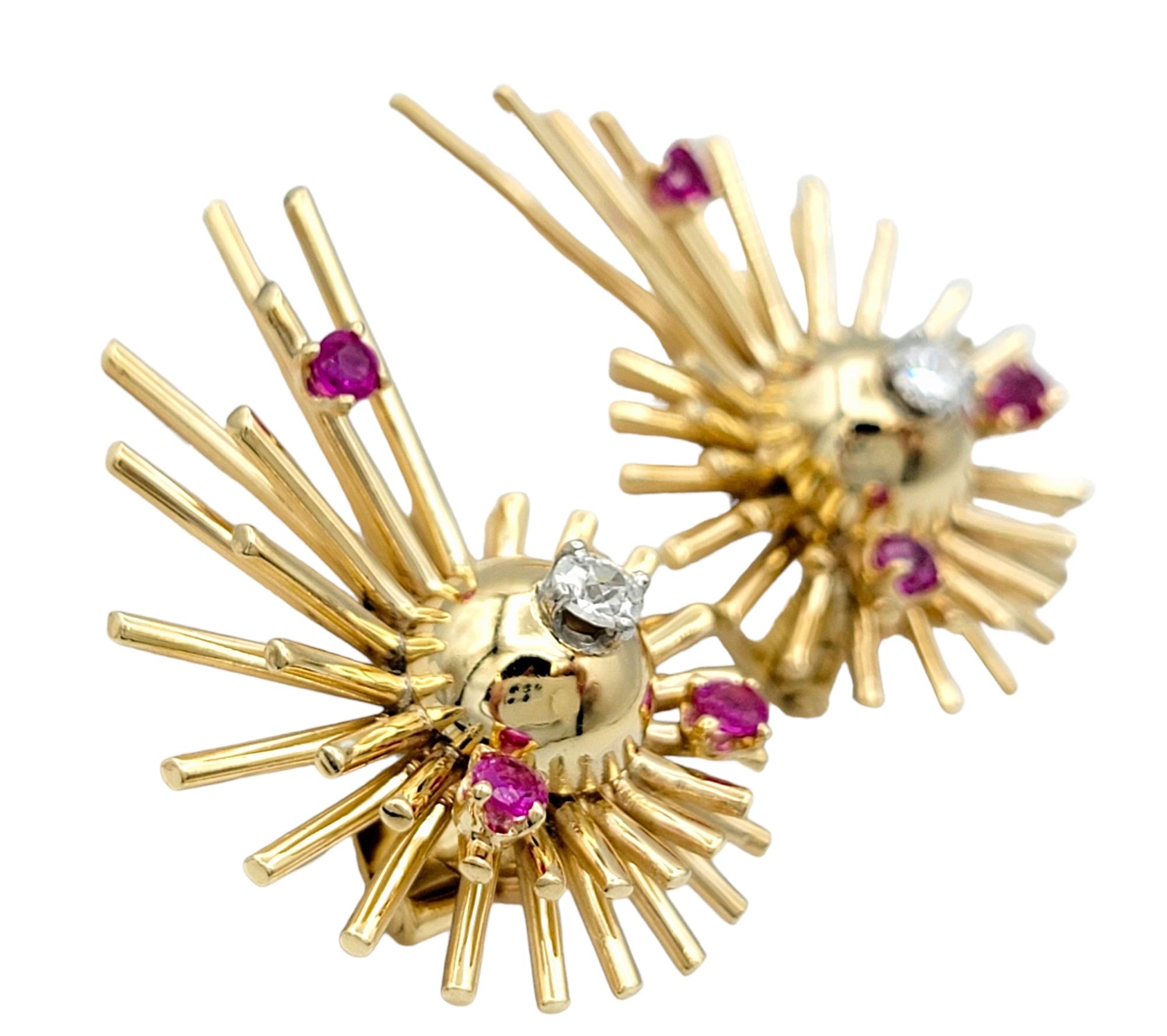 Contemporary Vintage Pink Sapphire and Diamond Sputnik Style Clip-On Earrings 14K Yellow Gold For Sale