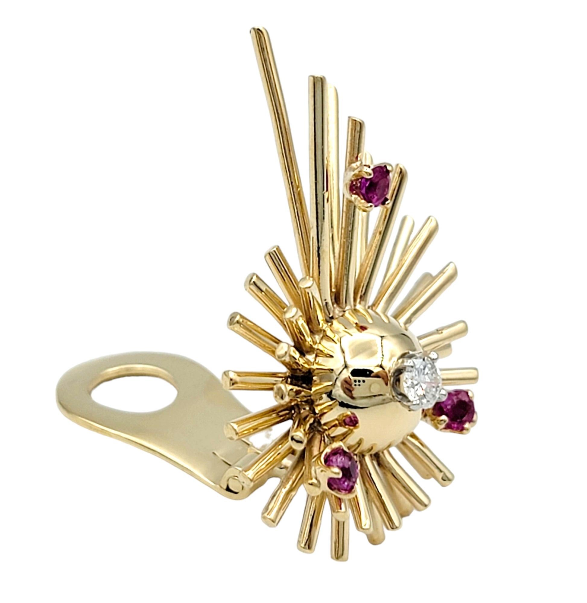 Women's Vintage Pink Sapphire and Diamond Sputnik Style Clip-On Earrings 14K Yellow Gold For Sale