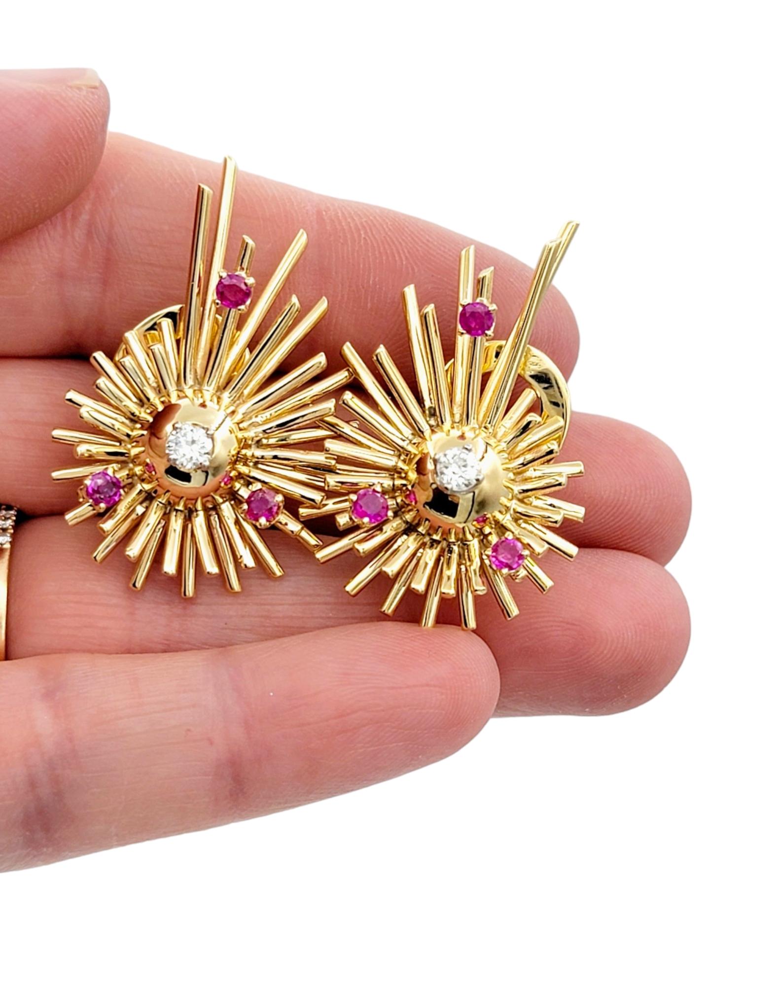 Vintage Pink Sapphire and Diamond Sputnik Style Clip-On Earrings 14K Yellow Gold For Sale 2