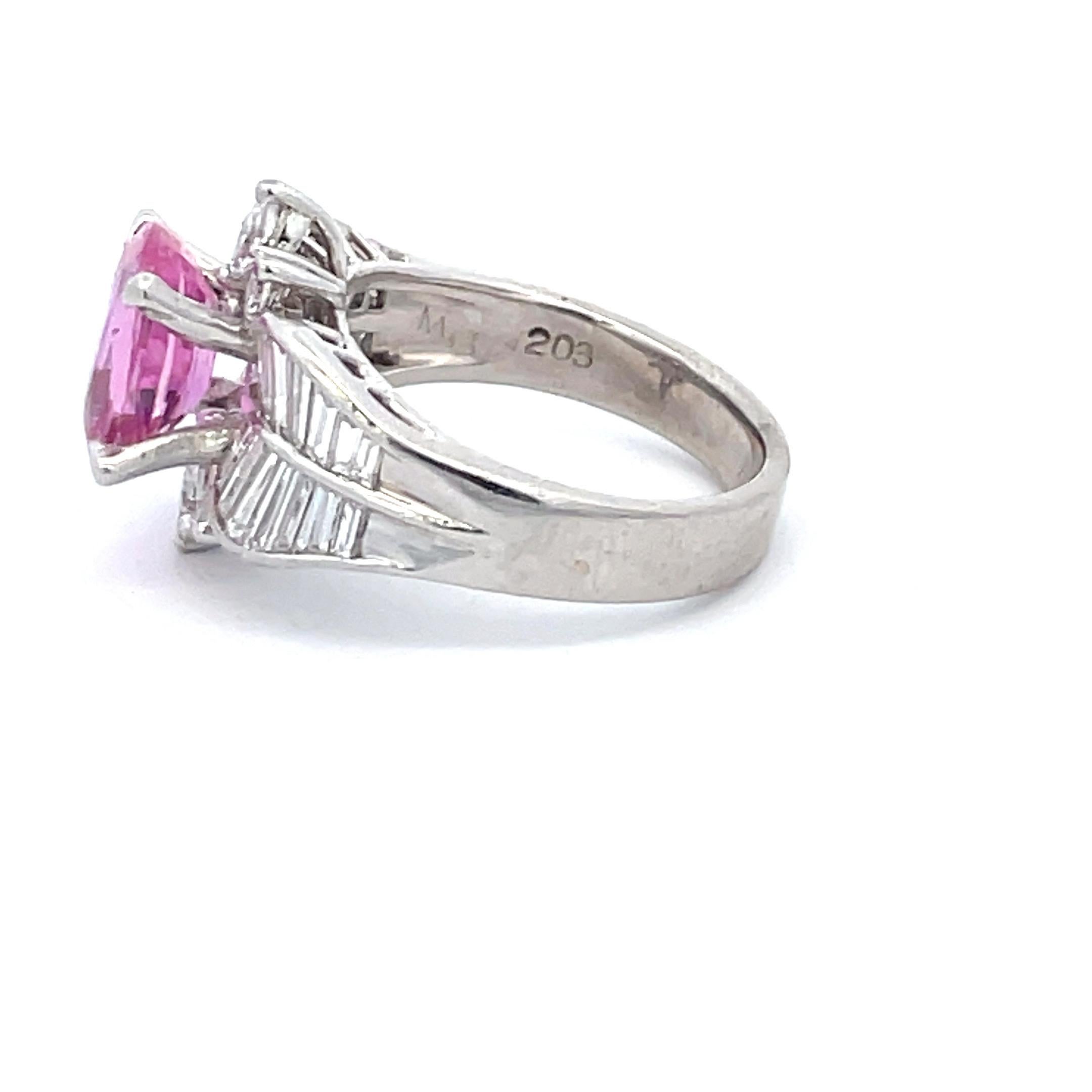 Contemporary Vintage Pink Sapphire Cushion Diamond Ring 4.93 Carats 18 Karat White Gold