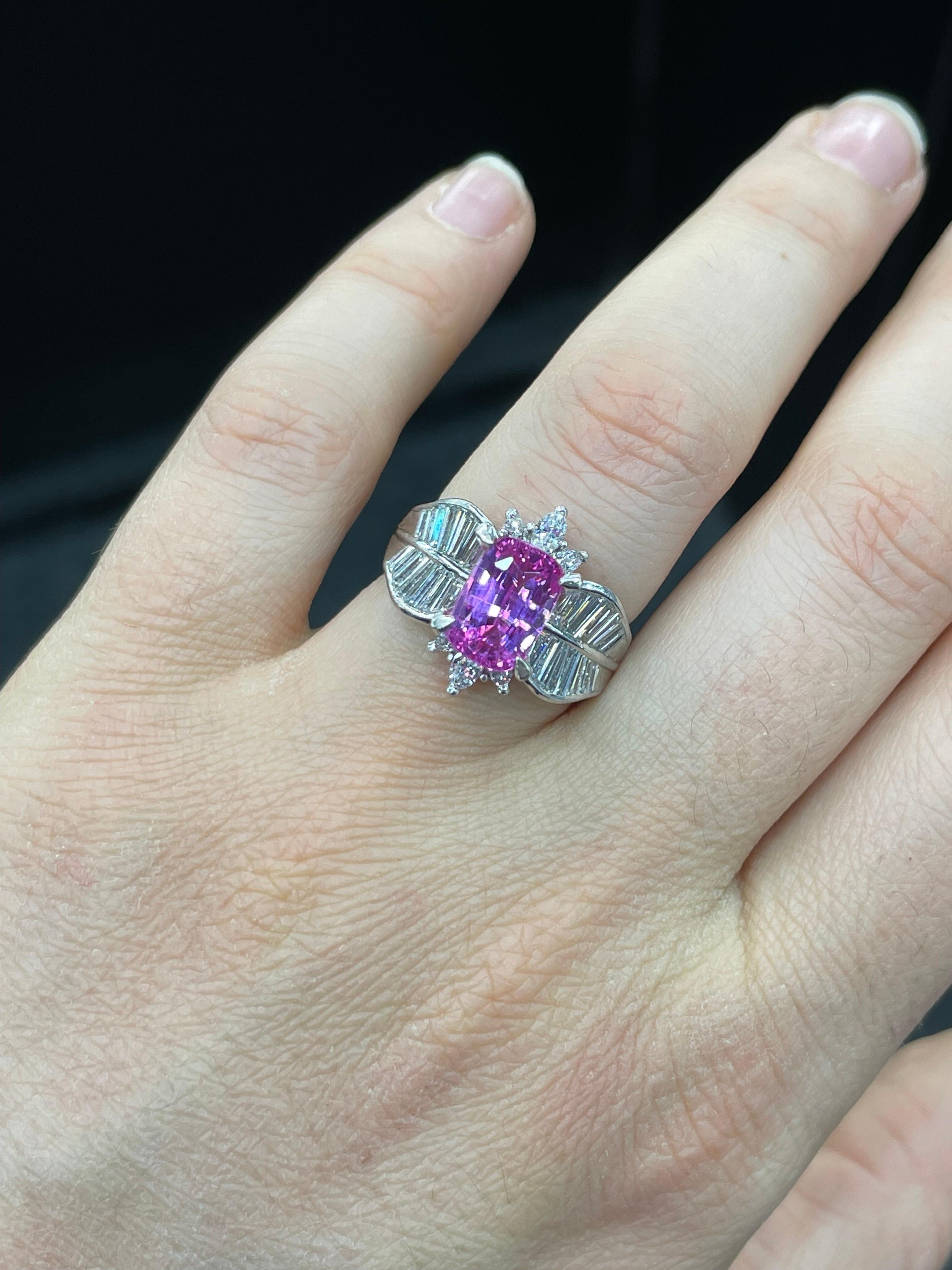 Vintage Pink Sapphire Cushion Diamond Ring 4.93 Carats 18 Karat White Gold In Excellent Condition In New York, NY